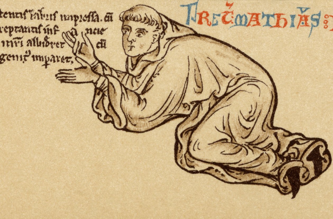 Autorretrato arrodillado a los pies de la Virgen y el Niño (detalle) de English School