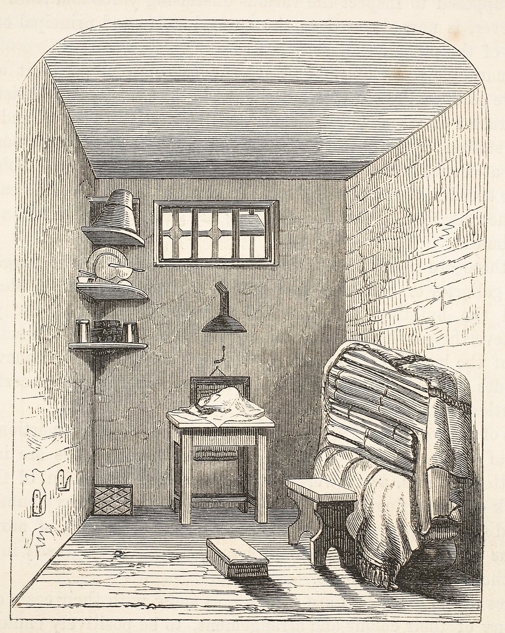 Celda separada en la parte antigua de la prisión de Brixton, ilustración de Las prisiones criminales de Londres y escenas de la vida en prisión de Henry Mayhew y John Binny, pub. 1862 de English School