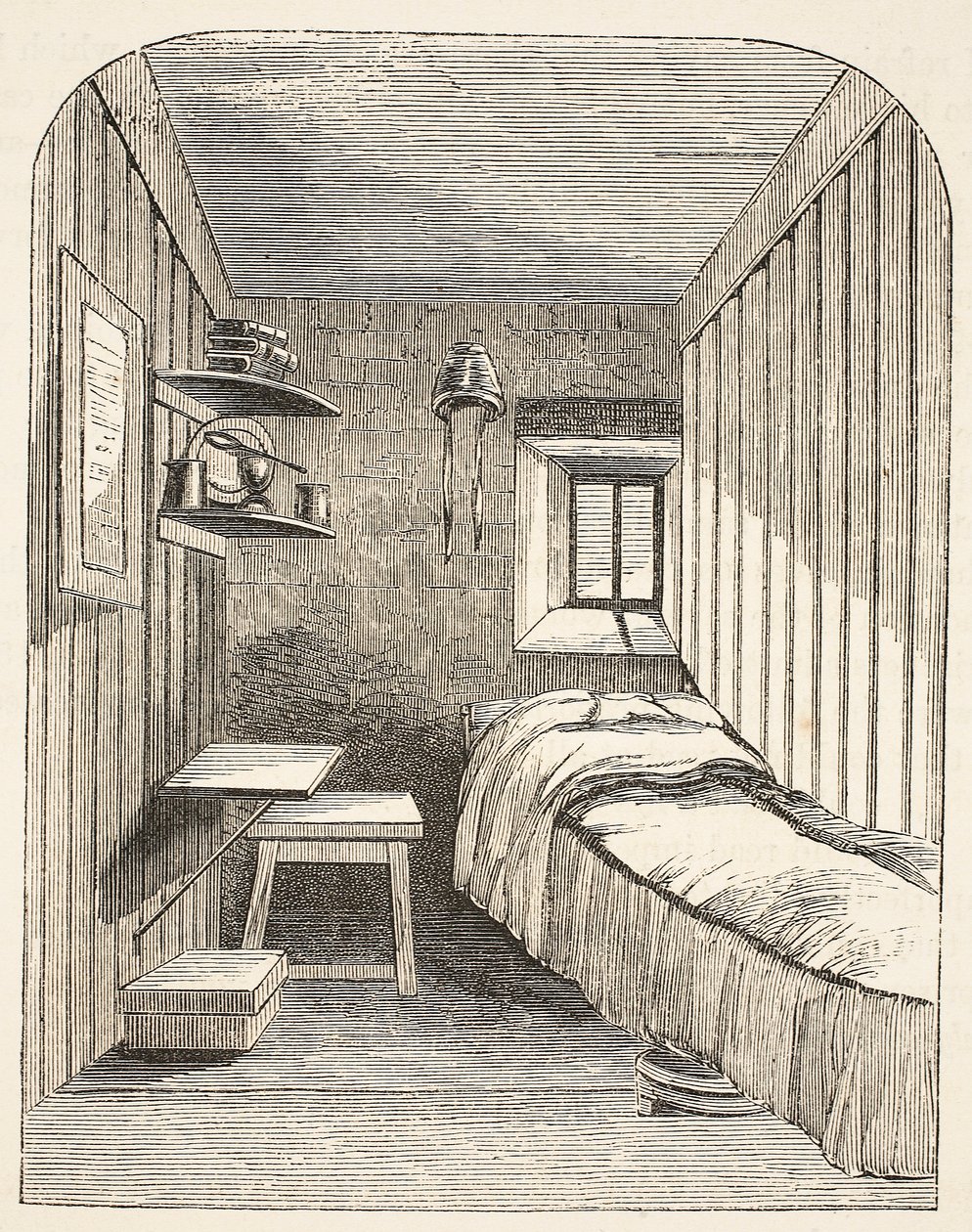 Celda separada para dormir en una de las nuevas alas de la prisión de convictas de Brixton, ilustración de Las prisiones criminales de Londres y escenas de la vida en prisión de Henry Mayhew y John Binny de English School