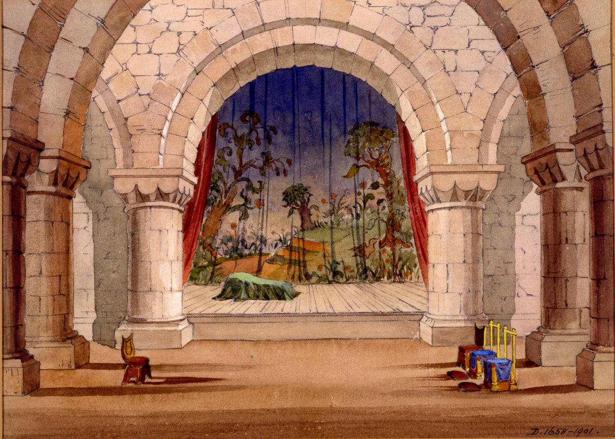 Diseño de escenario para Hamlet de William Shakespeare, 1858 de English School