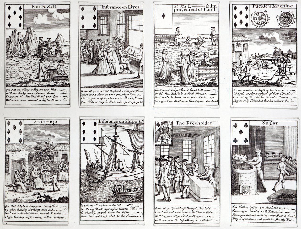 Juego de cartas con escenas satíricas de empresas comerciales e inversiones actuales, c.1720 de English School