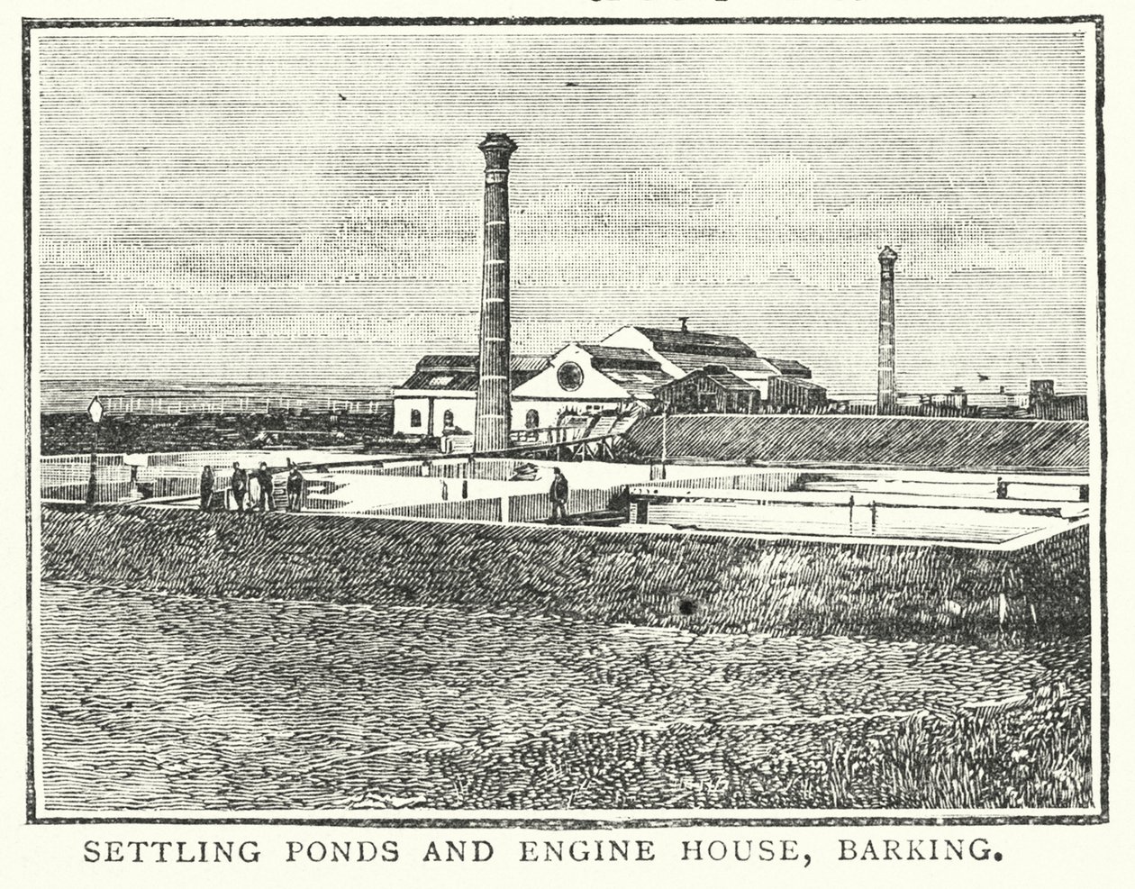 Estanques de sedimentación y casa de máquinas, Barking (grabado) de English School