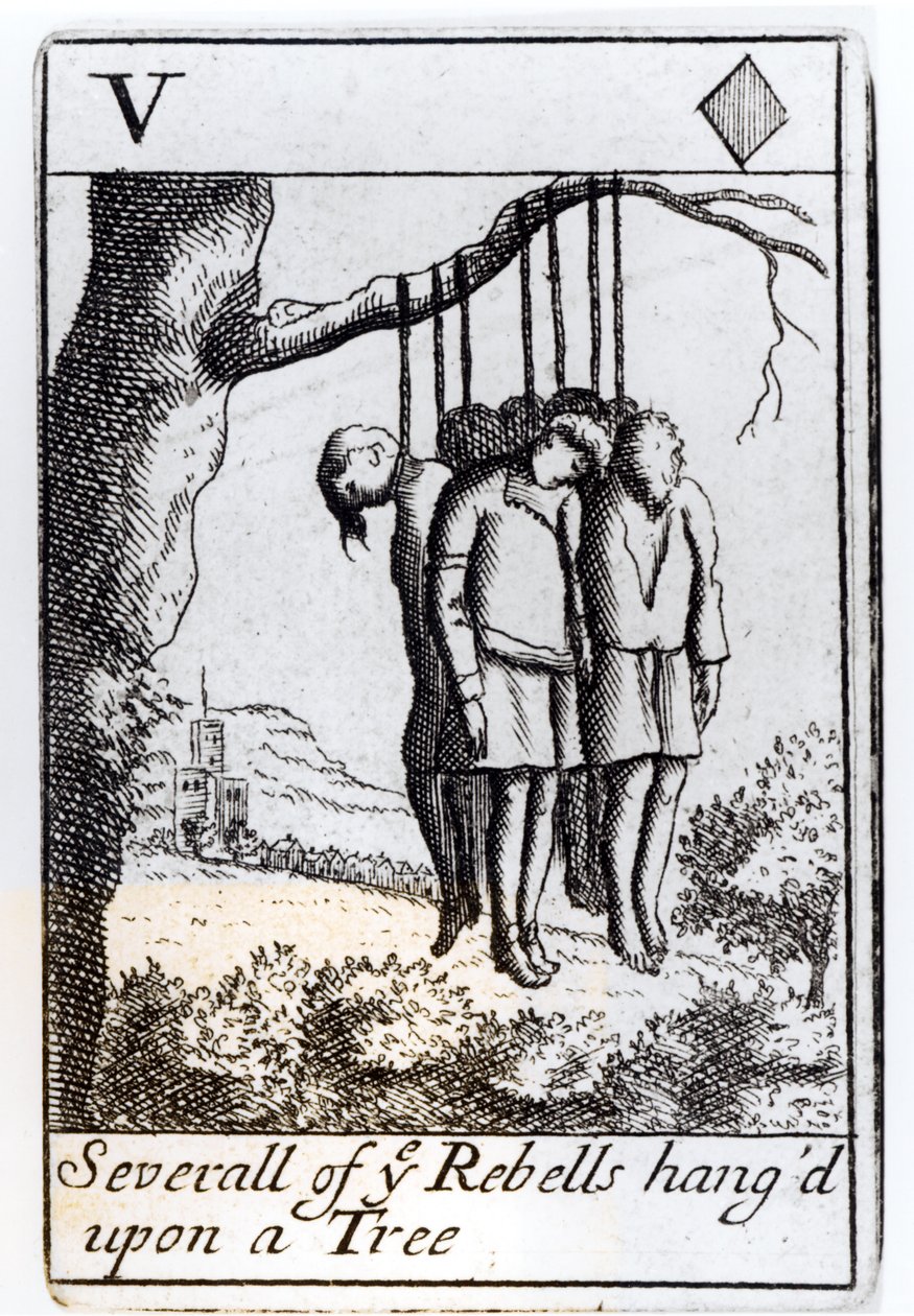 Varios rebeldes colgados de un árbol, carta de cinco de corazones de un juego que conmemora la Rebelión de Monmouth en 1685 de English School