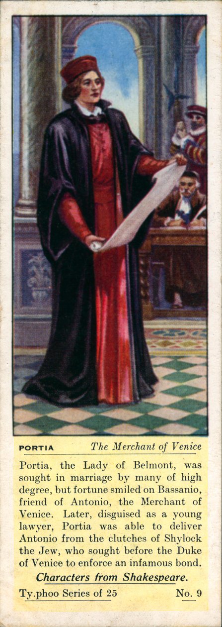 Personajes de Shakespeare: Porcia, El mercader de Venecia (litografía en color) de English School