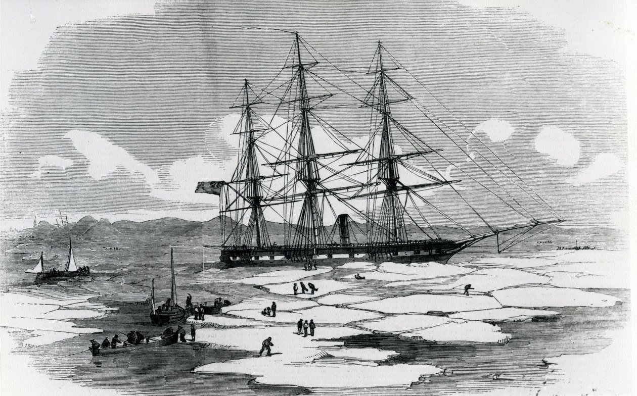 Barco explorando el Ártico (grabado) de English School