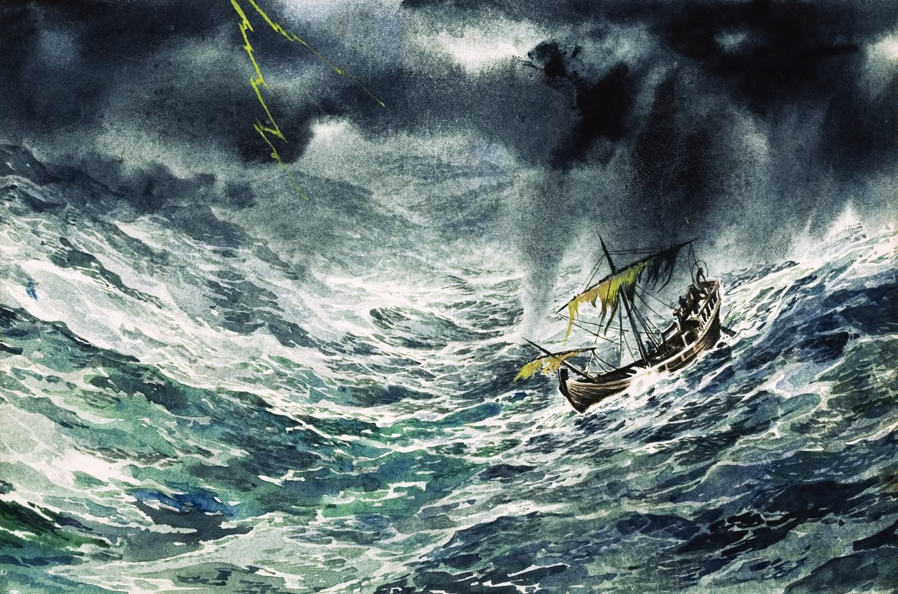 Barco en tormenta (gouache sobre papel) de English School