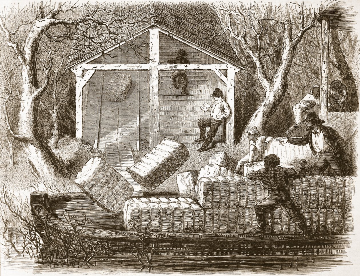 Disparando Cottin-bales en la parte delantera del vapor fluvial Magnolia, ilustración de The Illustrated London News, 1861 de English School