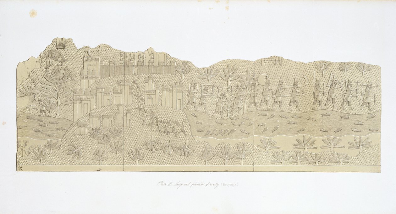 Asedio y saqueo de una ciudad, Koujunjik, lámina 40 de Nínive y sus Restos de Austen Henry Layard, publicado en 1849 de English School