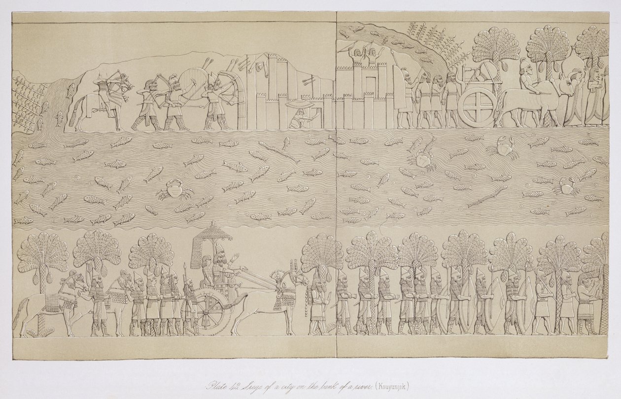 Asedio de una ciudad en la orilla de un río, placa 42 de Nínive y sus Restos por Austen Henry Layard, publicado en 1849 de English School