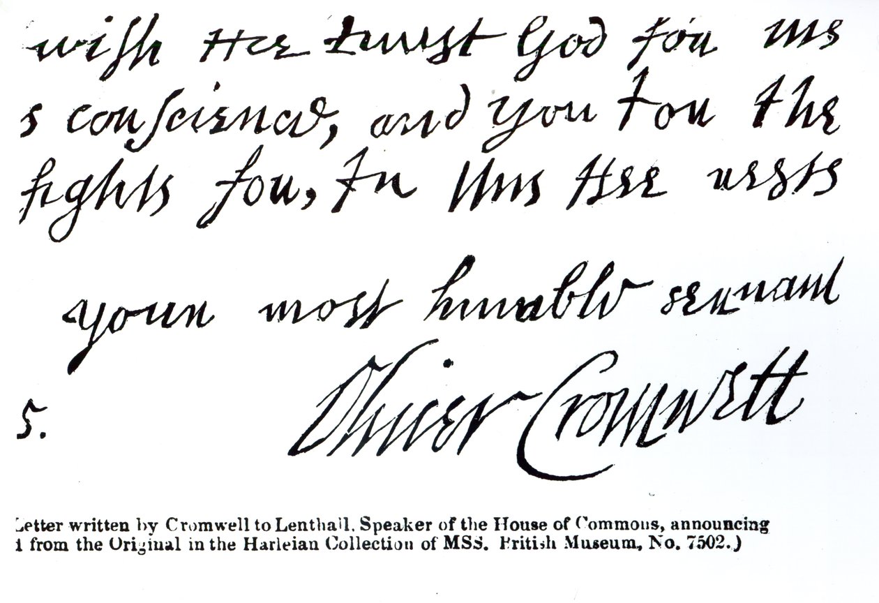 Firma de Oliver Cromwell (1599-1658), de una carta manuscrita a Lenthall, Presidente de la Cámara de los Comunes de English School