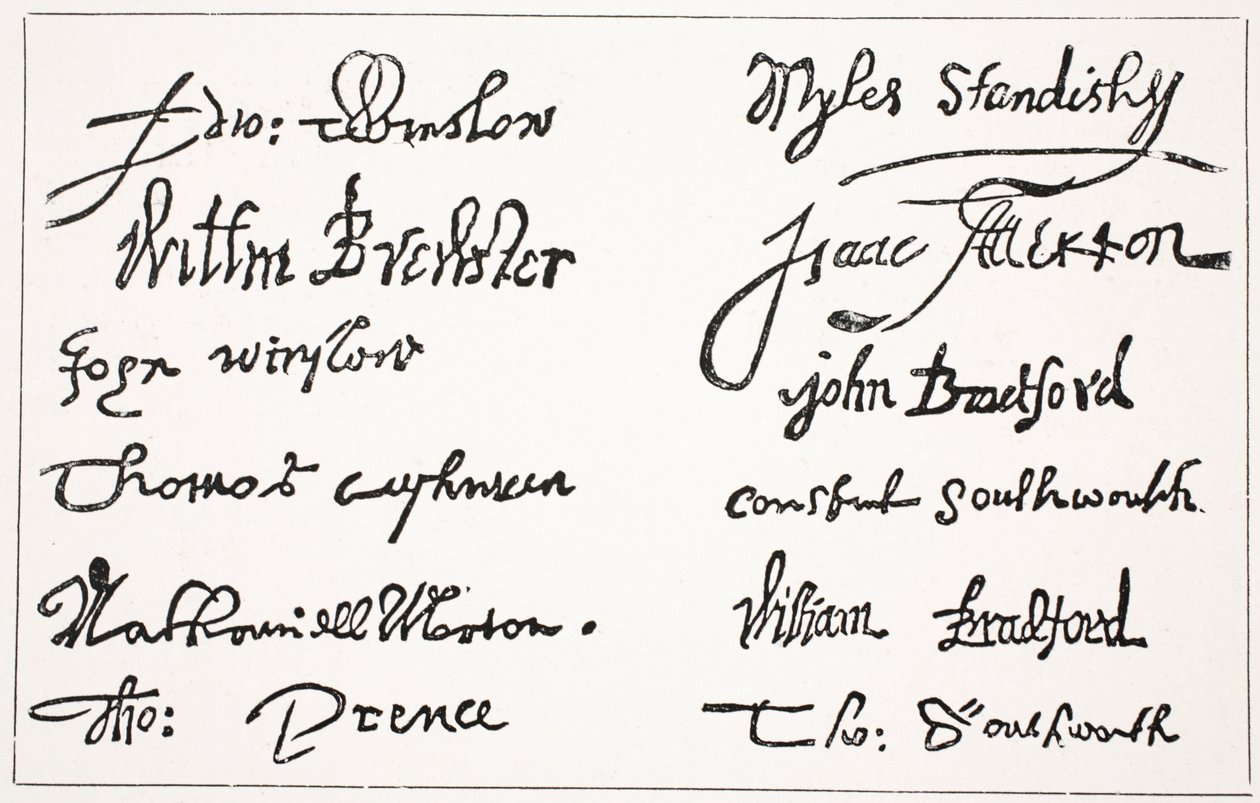 Firmas de los Padres Peregrinos, ilustración de la Historia de la Nación Británica de Hutchinson, c.1923 de English School