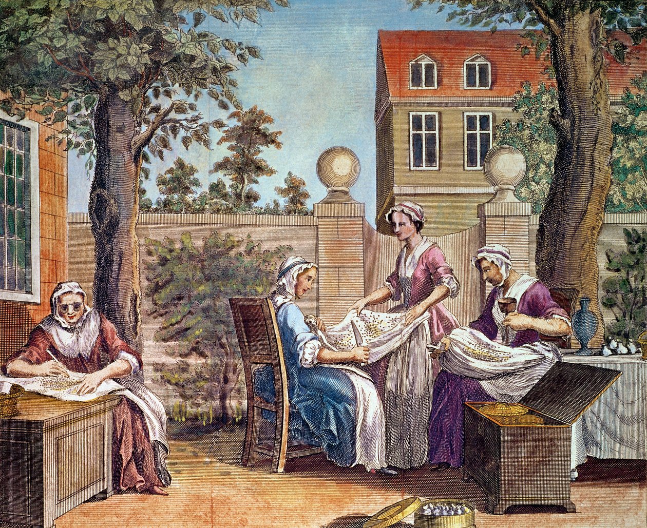 Fabricación de Seda, grabado por J. Hinton para 