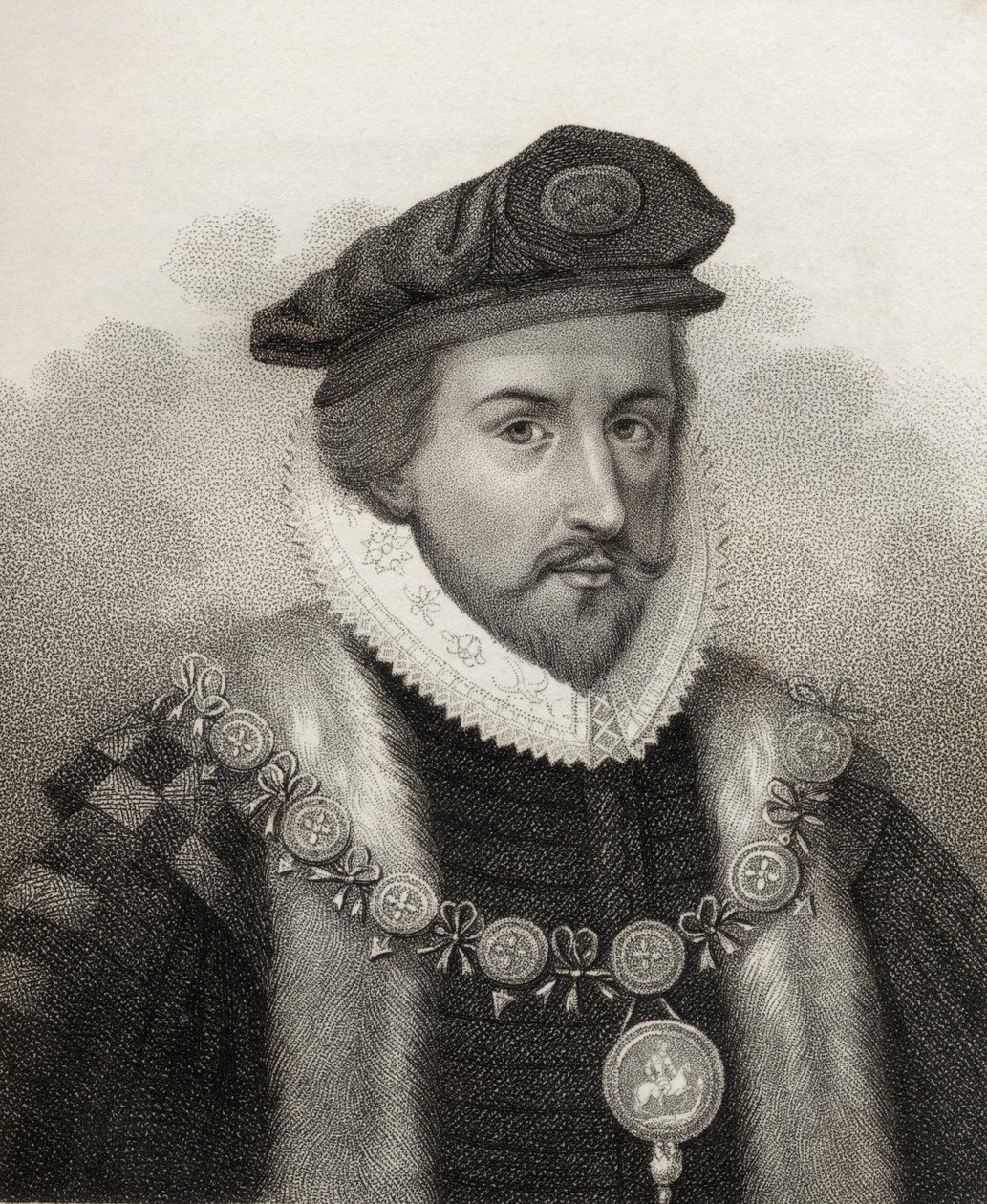 Sir Christopher Hatton, grabado por Bocquet, ilustración de 