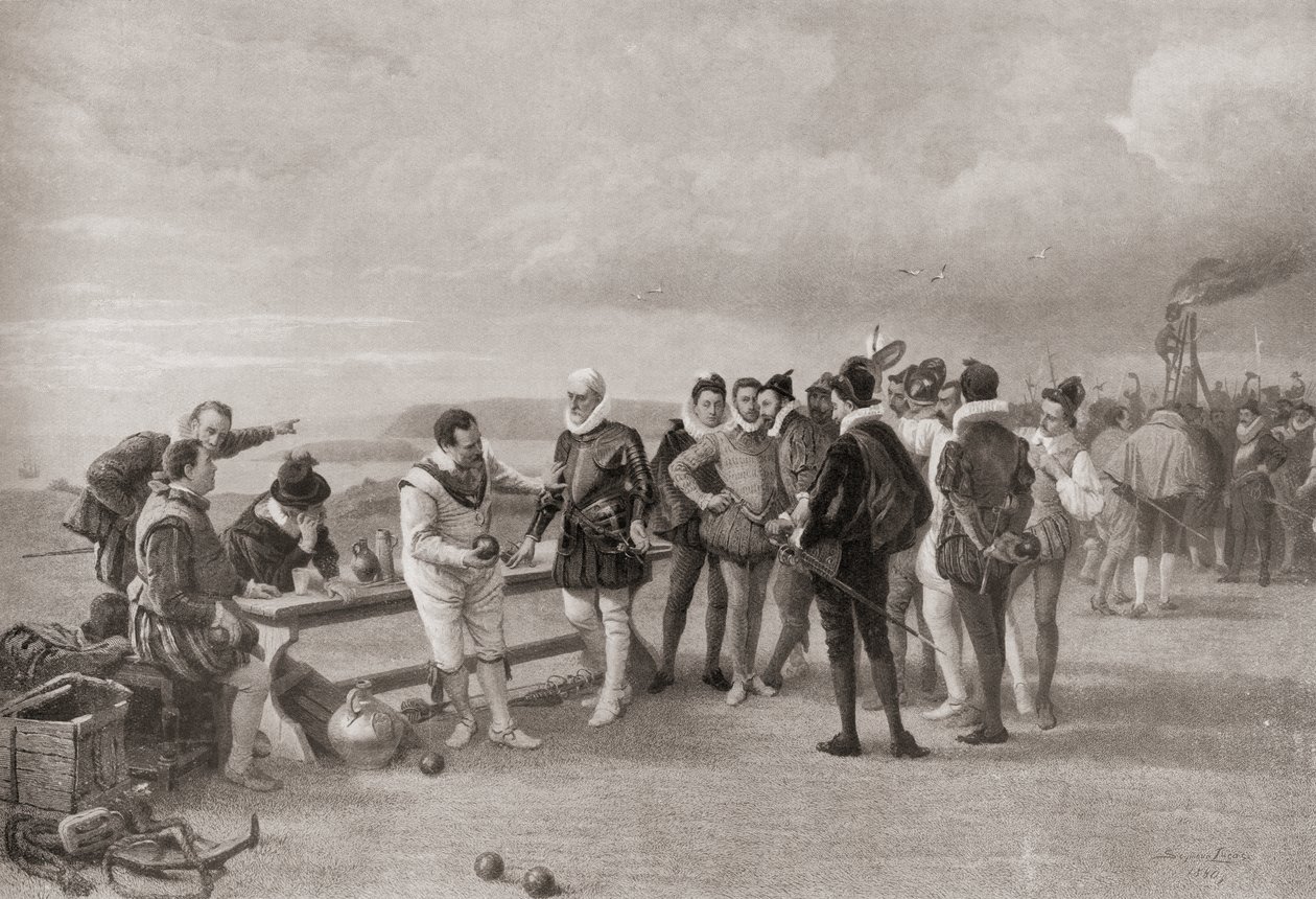 Sir Francis Drake jugando a los bolos, con la Armada española a la vista en Plymouth Hoe, Inglaterra, en 1588. de English School