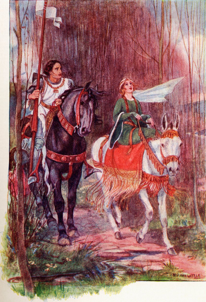 Sir Lancelot y la reina Ginebra. Ilustración coloreada del libro The Gateway to Tennyson publicado en 1910. de English School