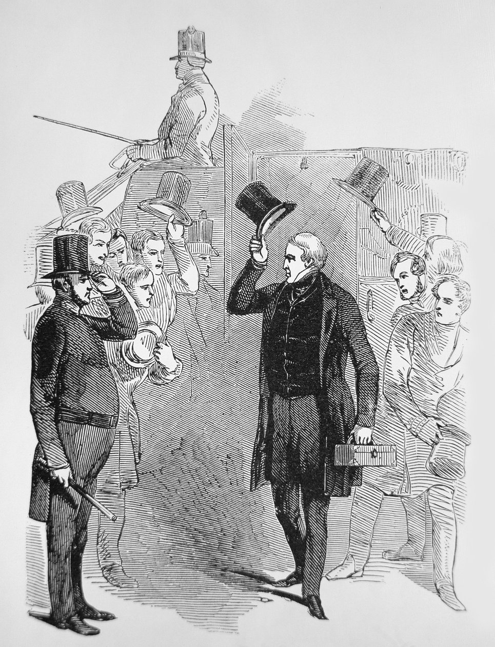 Sir Robert Peel llegando a la Cámara de los Comunes, saludado por un 