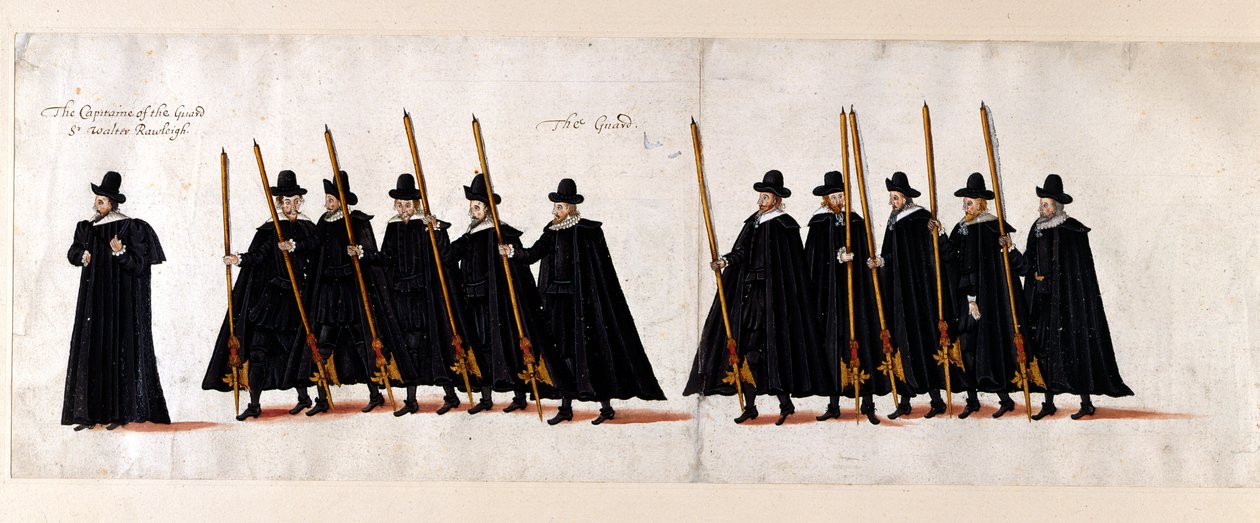 Sir Walter Raleigh, Capitán de la Guardia, y la Guardia. Parte de la procesión fúnebre de la reina Isabel I a la Abadía de Westminster, el 28 de abril de 1603. de English School