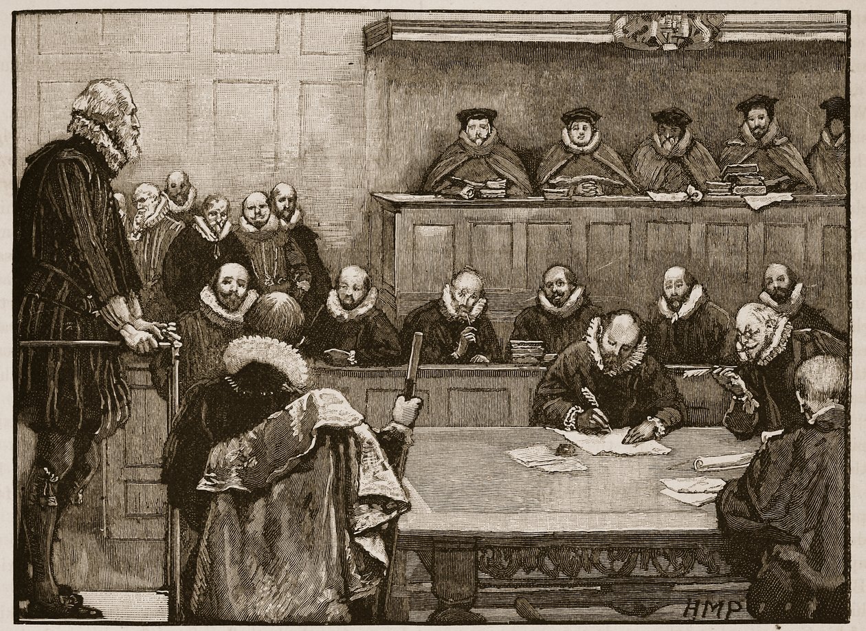 Sir Walter Raleigh ante los jueces, ilustración de la Historia Ilustrada de Inglaterra de Cassell de English School