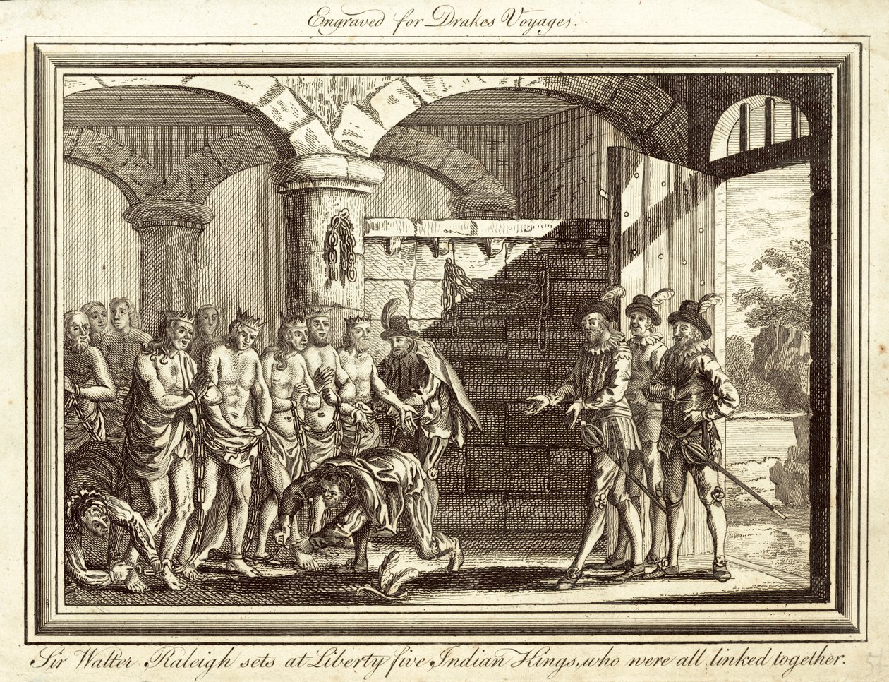 Sir Walter Raleigh libera a cinco reyes indios, que estaban unidos entre sí (grabado) de English School