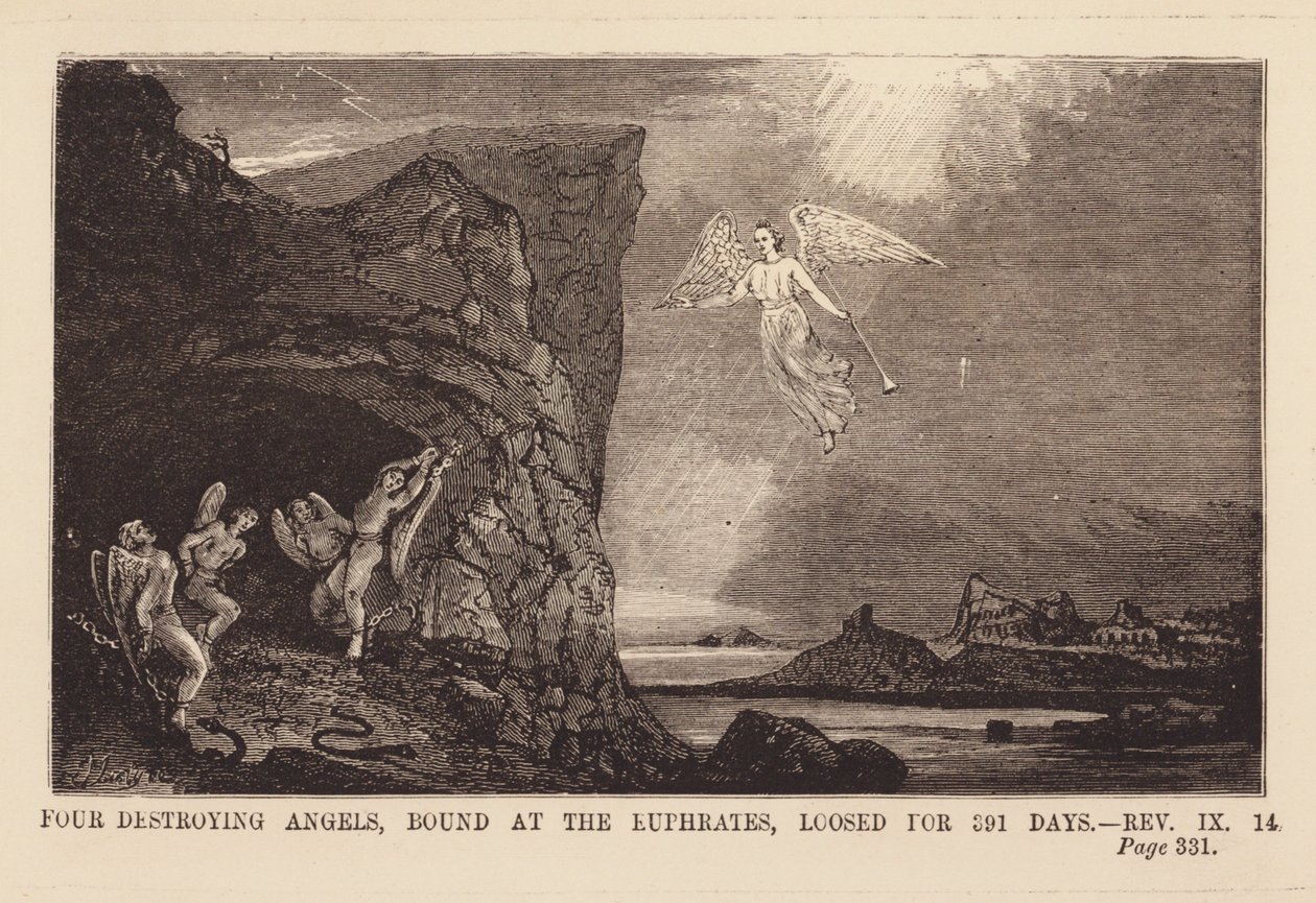 El sexto ángel libera a los cuatro ángeles atados junto al río Éufrates (grabado) de English School