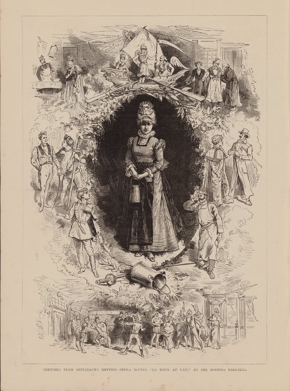 Bocetos de la reposición de la ópera Bouffe "La Boite Au Lait" de Offenbach, en los Bouffes Parisiens (grabado) de English School