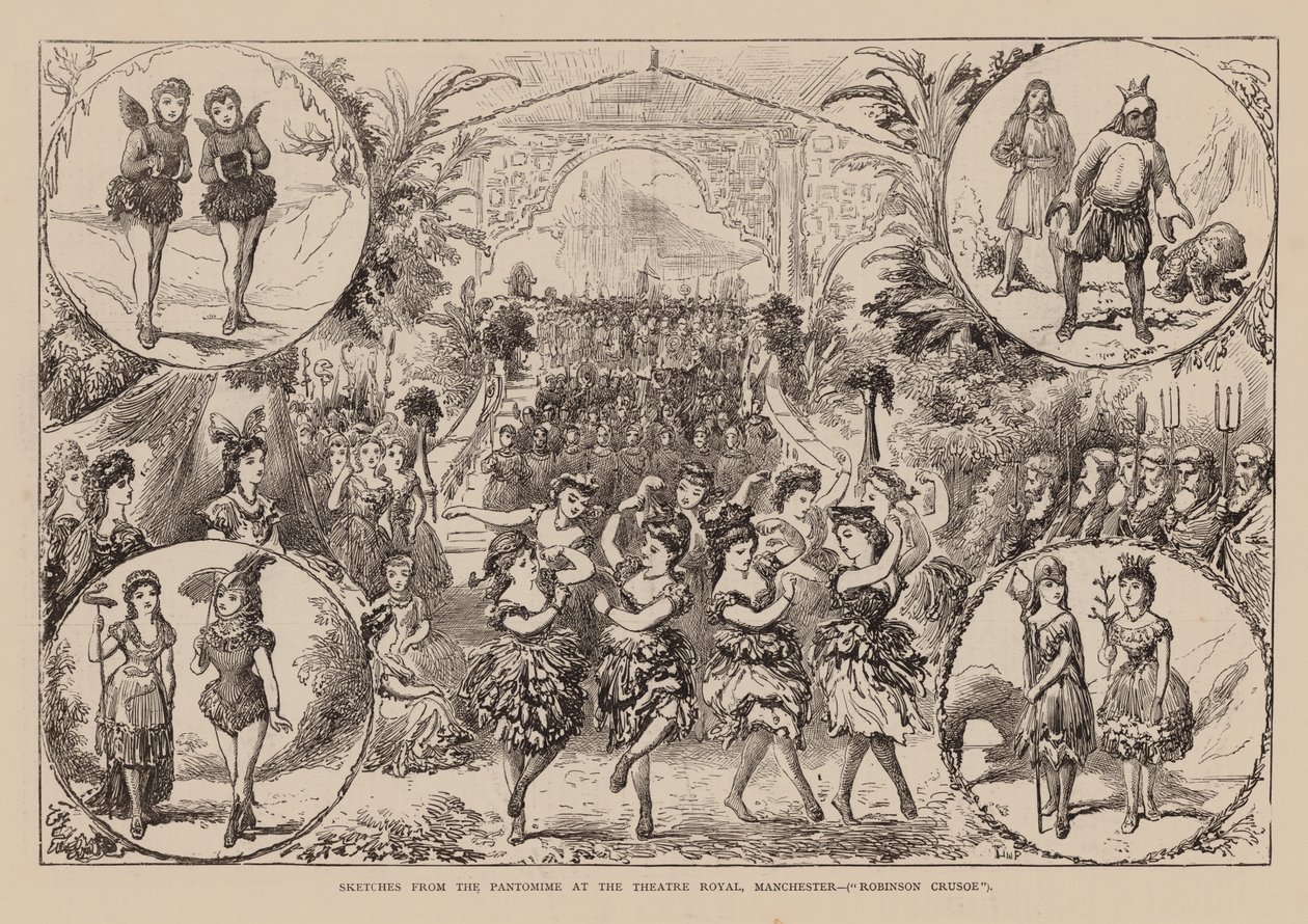 Sketches from the Pantomime at the Theatre Royal, Manchester, Robinson Crusoe (grabado) de English School