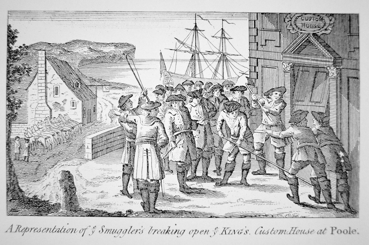 Contrabandistas abriendo la Casa de Aduanas del Rey, Poole, Dorset de English School