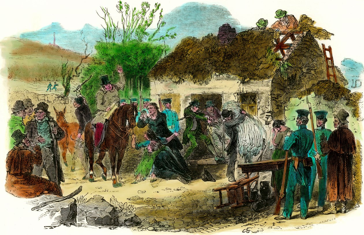 Condiciones sociales en Irlanda en 1848 expulsión de campesinos (ilustración de London News del 16 de diciembre de 1848) de English School