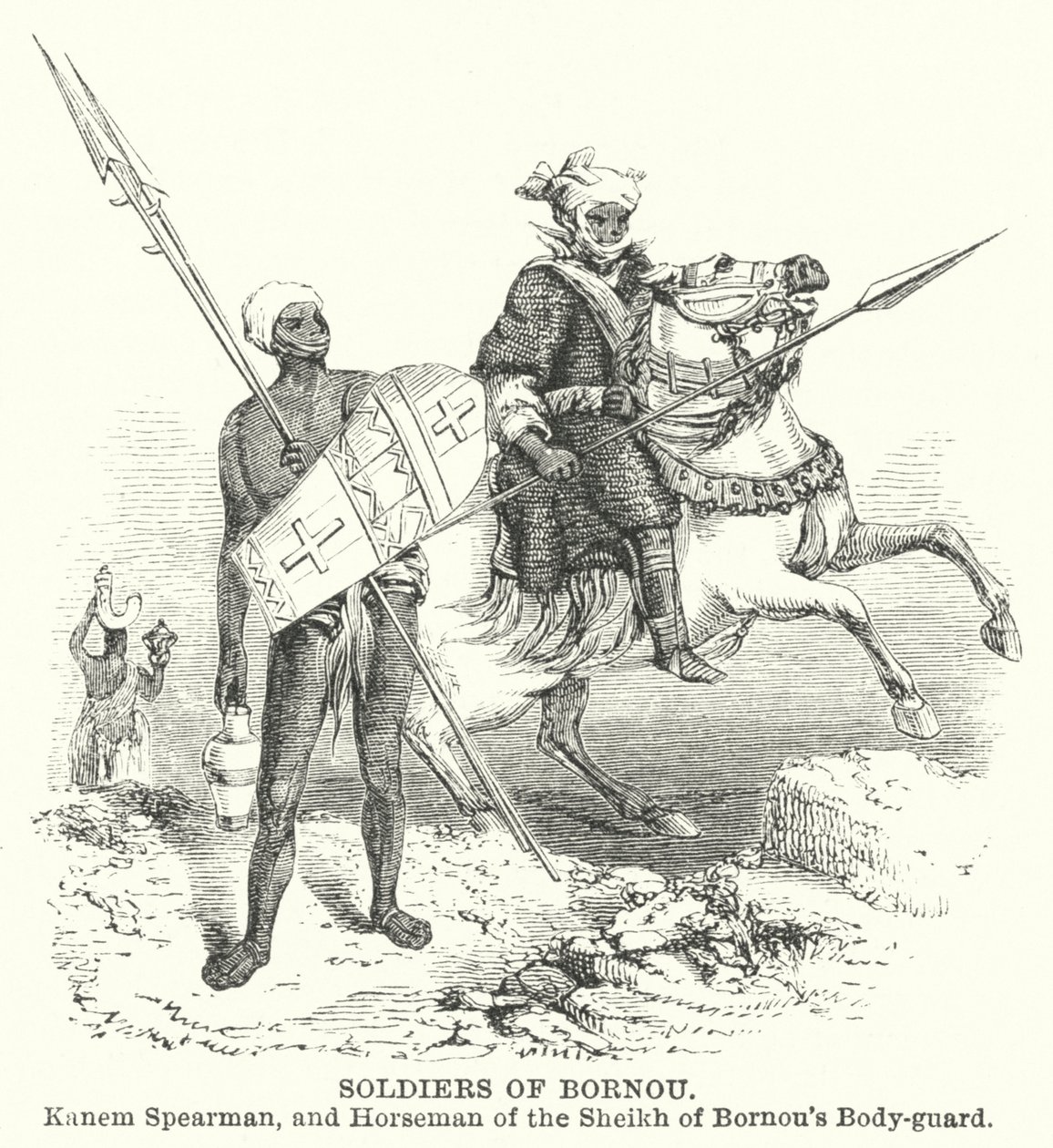 Soldados de Bornou, lancero de Kanem y jinete de la escolta del jeque de Bornou (grabado) de English School