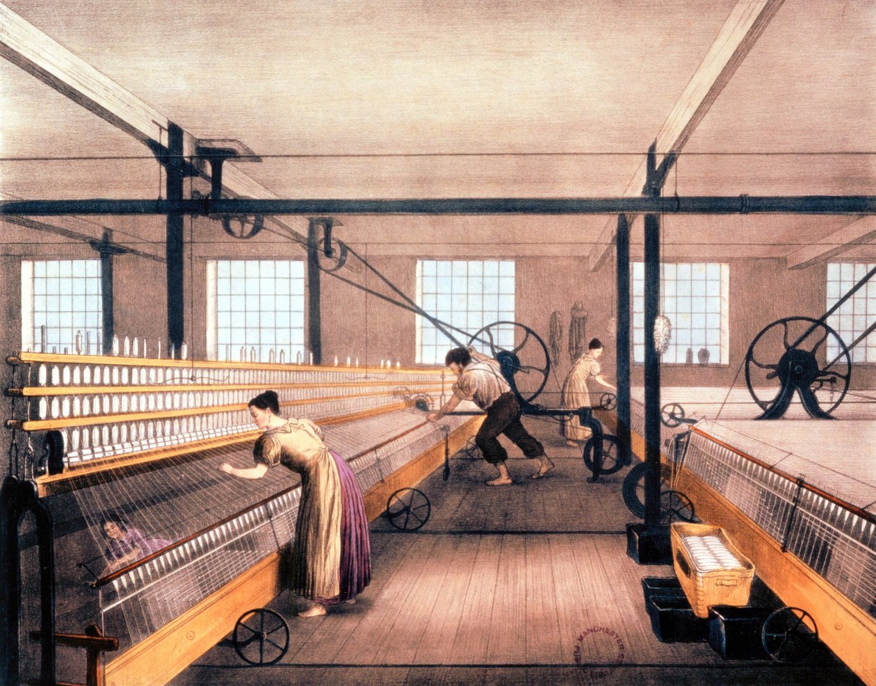 Mulas hilanderas en una fábrica de algodón, c.1935 (impresión) de English School