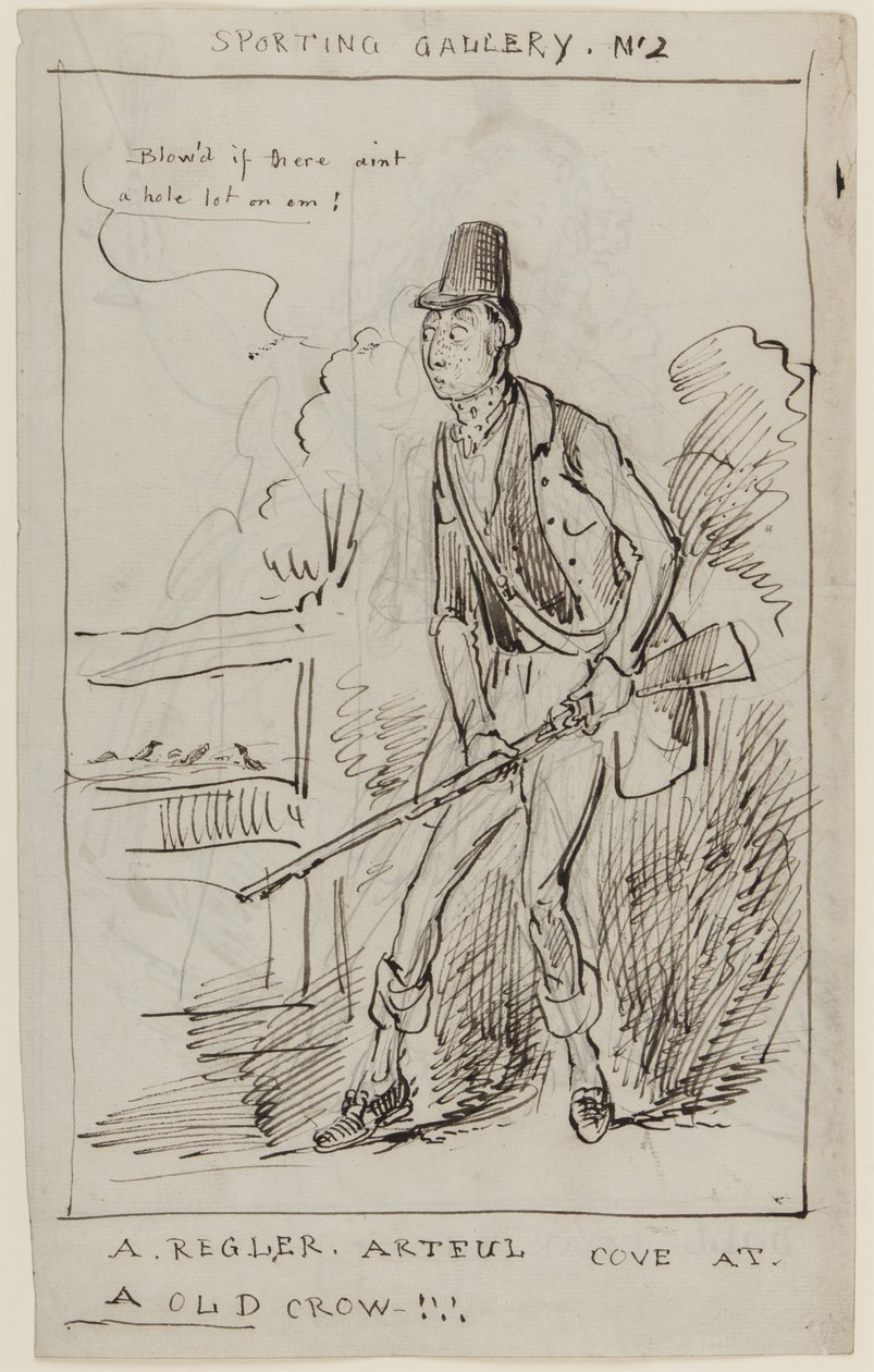 Galería Deportiva No.2, A Regler, Artful Cove at a Old Crow, c.1825 (pluma y tinta sobre papel) de English School