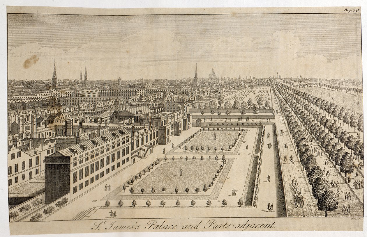 Palacio de St. James y Partes Adyacentes, grabado por William Henry Toms de English School