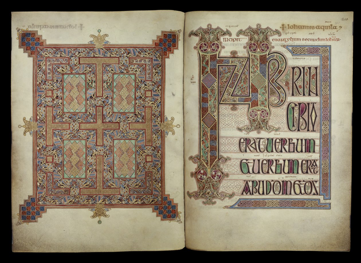 Evangelio de San Juan; Portada y página del Incipit, Algodón Nerón D. IV, f.210v y f.211r de los Evangelios de Lindisfarne, 710-721 (vitela) de English School