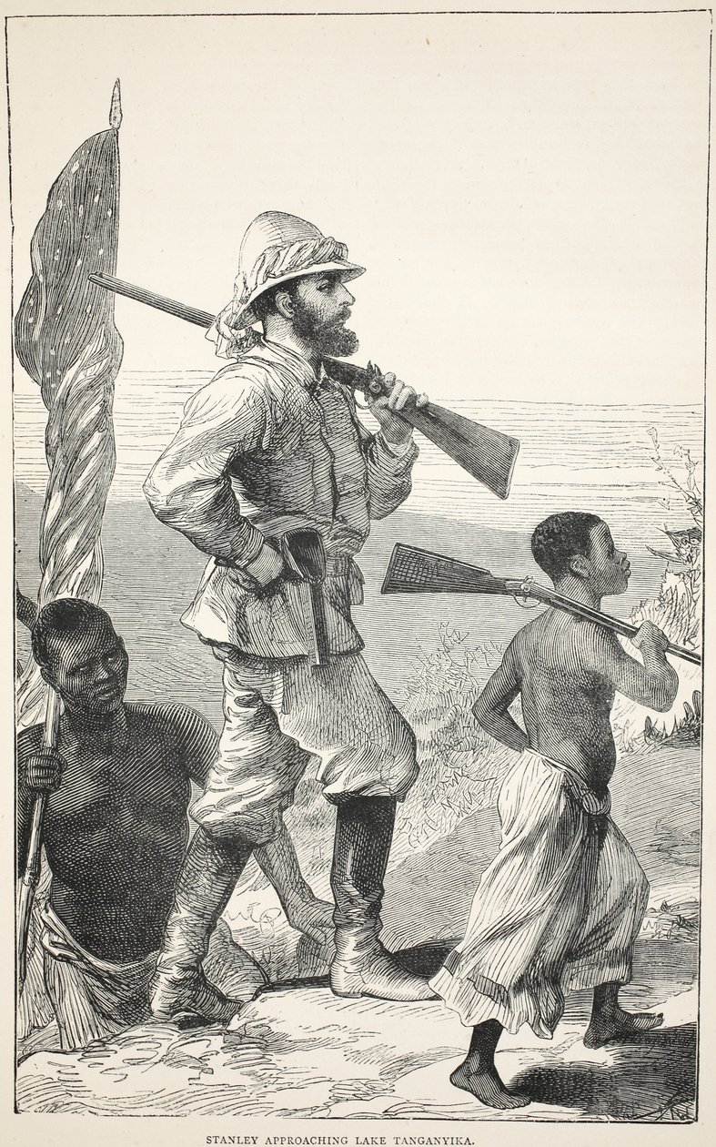 Stanley acercándose al Lago Tanganica, ilustración de The Pictorial Edition of the Life and Discoveries of David Livingstone por J. Ewing Richie, pub. por A. Fullarton & Co., 1876 de English School