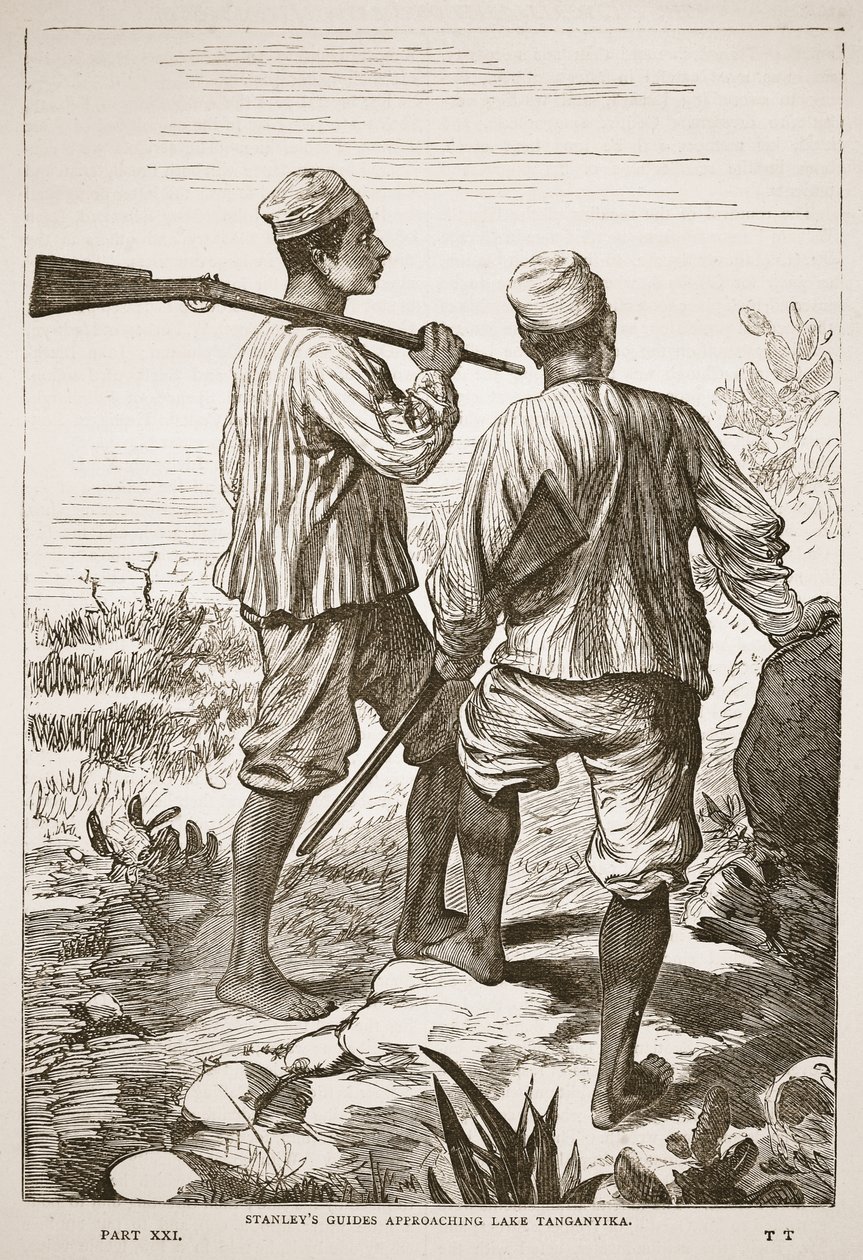 Los guías de Stanley acercándose al Lago Tanganica, ilustración de The Pictorial Edition of the Life and Discoveries of David Livingstone por J. Ewing Richie, pub. por A. Fullarton & Co., 1876 de English School