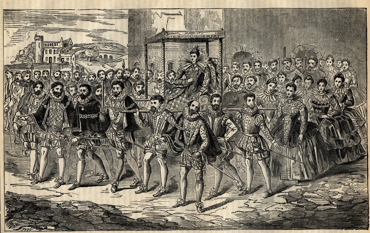 Progreso estatal de la Reina Isabel - Reina Isabel I (1533-1603) con sus cortesanos - Charles, Lord Howard de Effingham; George Clifford, Duque de Cumberland; Thomas Butler, Conde de Ormonde; George Talbot, 7º Conde de Shrewsbury; Edward Somerset, Conde de de English School