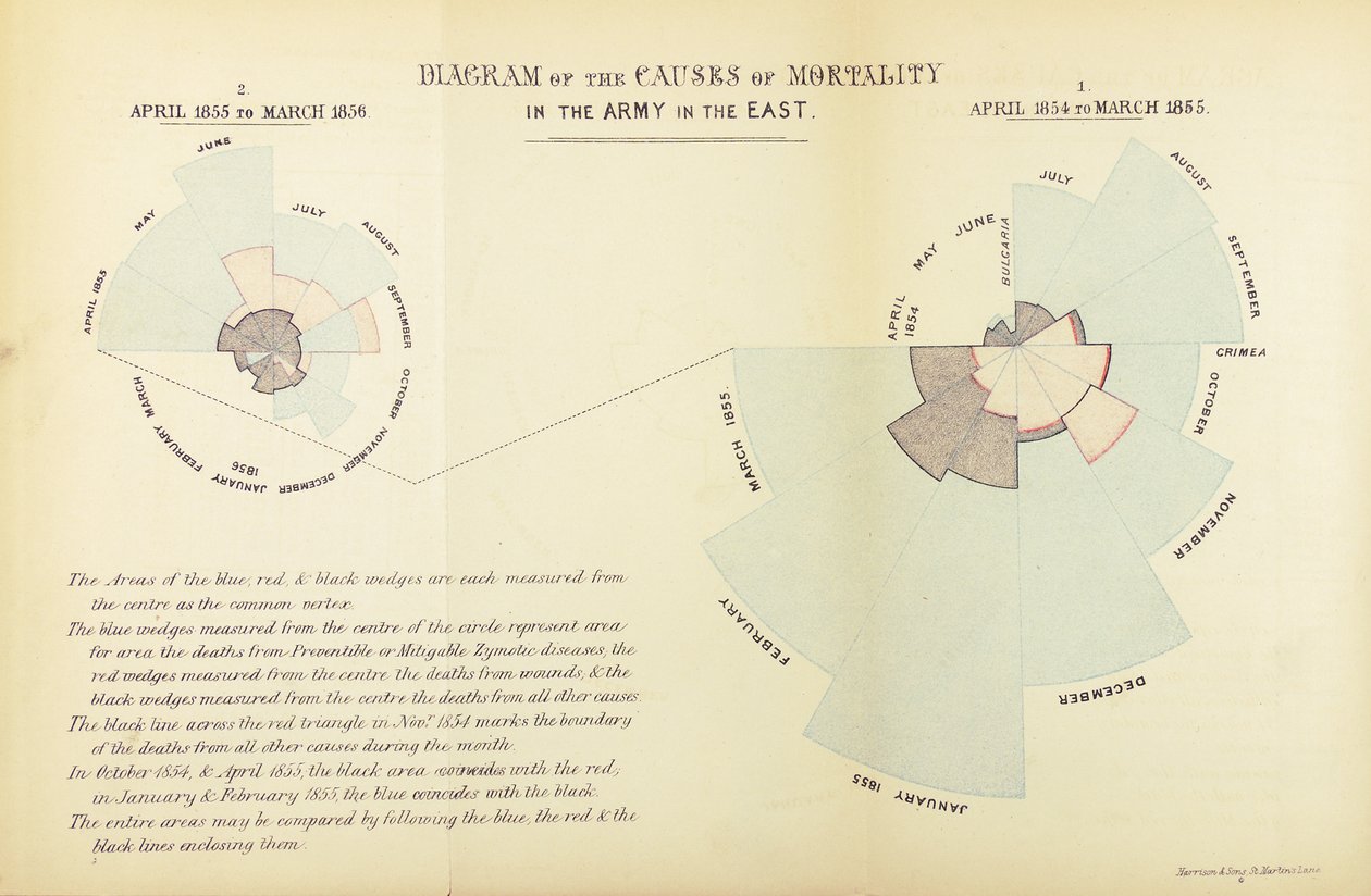 Gráfico estadístico inventado por Florence Nightingale para mostrar la predominancia de enfermedades como causa de mortalidad en el ejército británico durante la Guerra de Crimea, abril 1854 a marzo 1855 y abril 1855 a mayo 1856 de English School