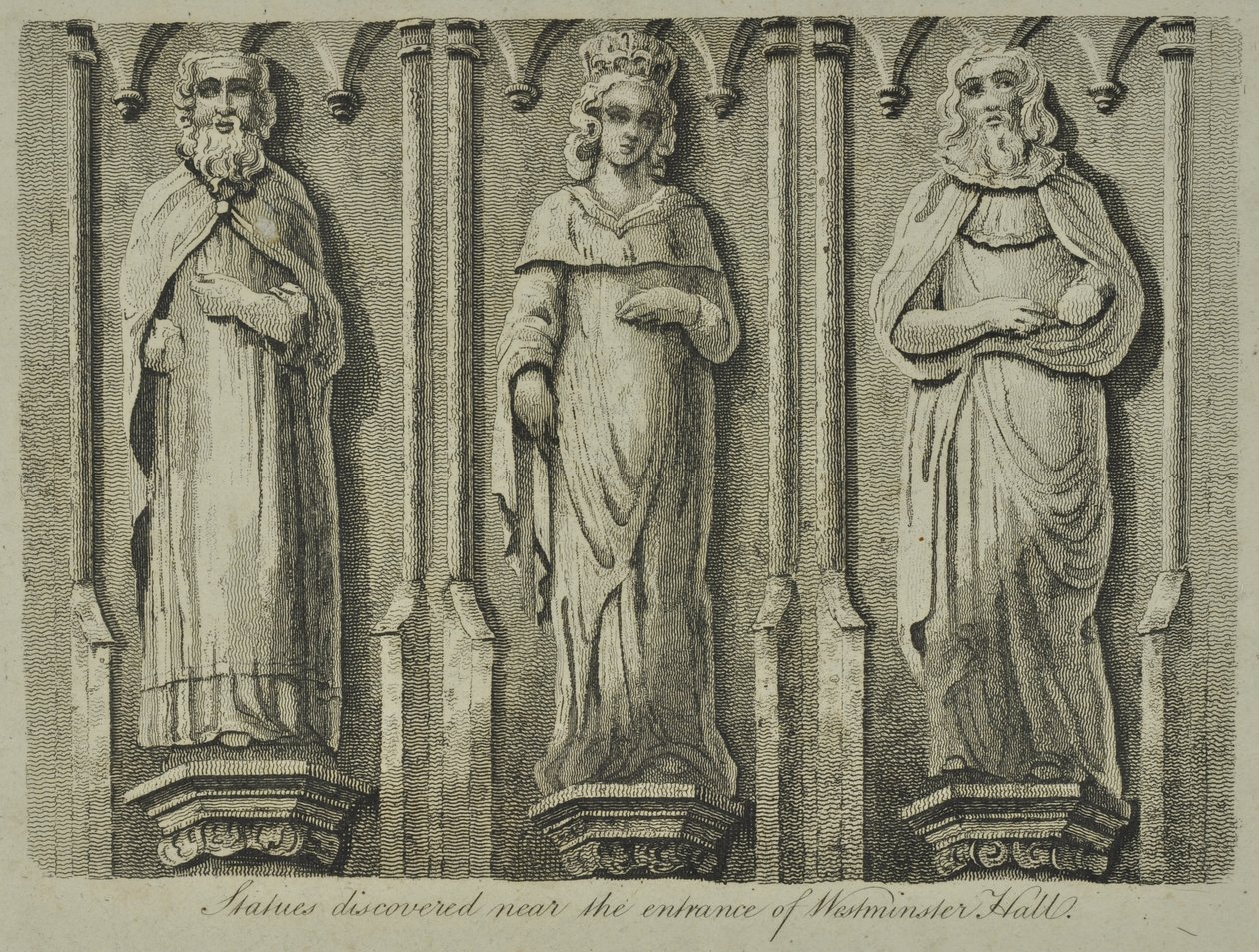 Estatuas descubiertas cerca de la entrada del Westminster Hall, 1807 de English School