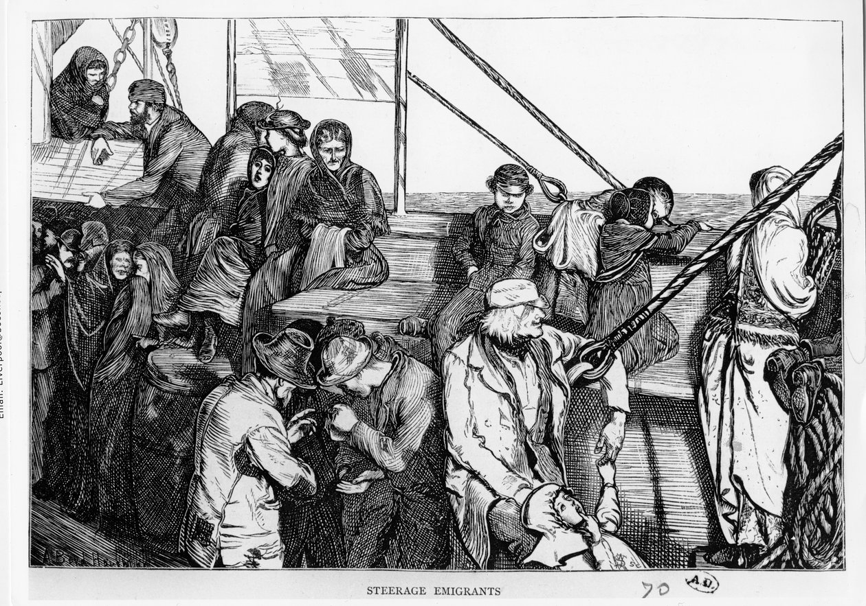 Emigrantes en tercera clase en la cubierta de un barco de pasajeros de Europa al Nuevo Mundo, c.1870 de English School