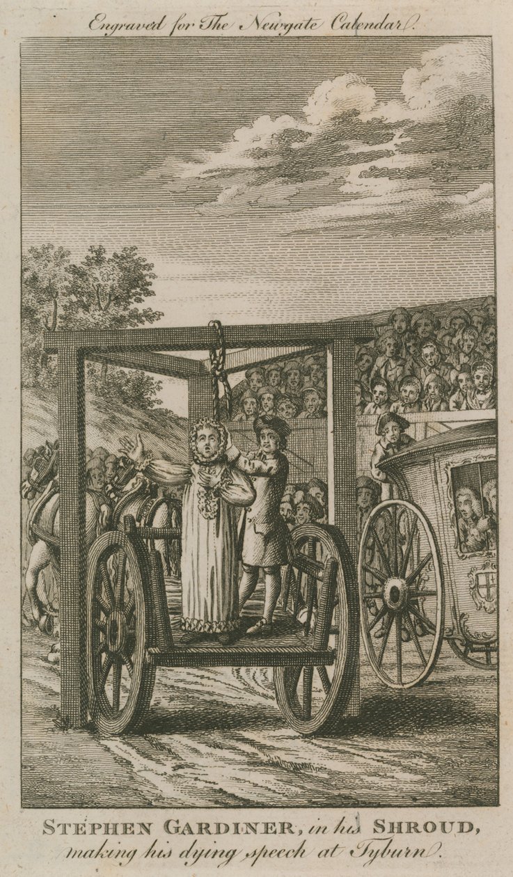 Stephen Gardiner en su mortaja pronunciando su discurso moribundo en Tyburn (grabado) de English School