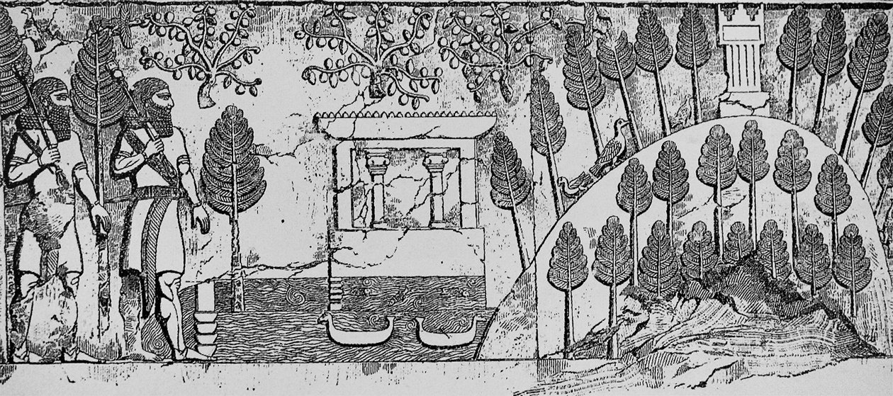 Bajorrelieve de piedra de un templo y colina artificial en el parque de Sargón II en Khorsabad, c.715 a.C. de English School