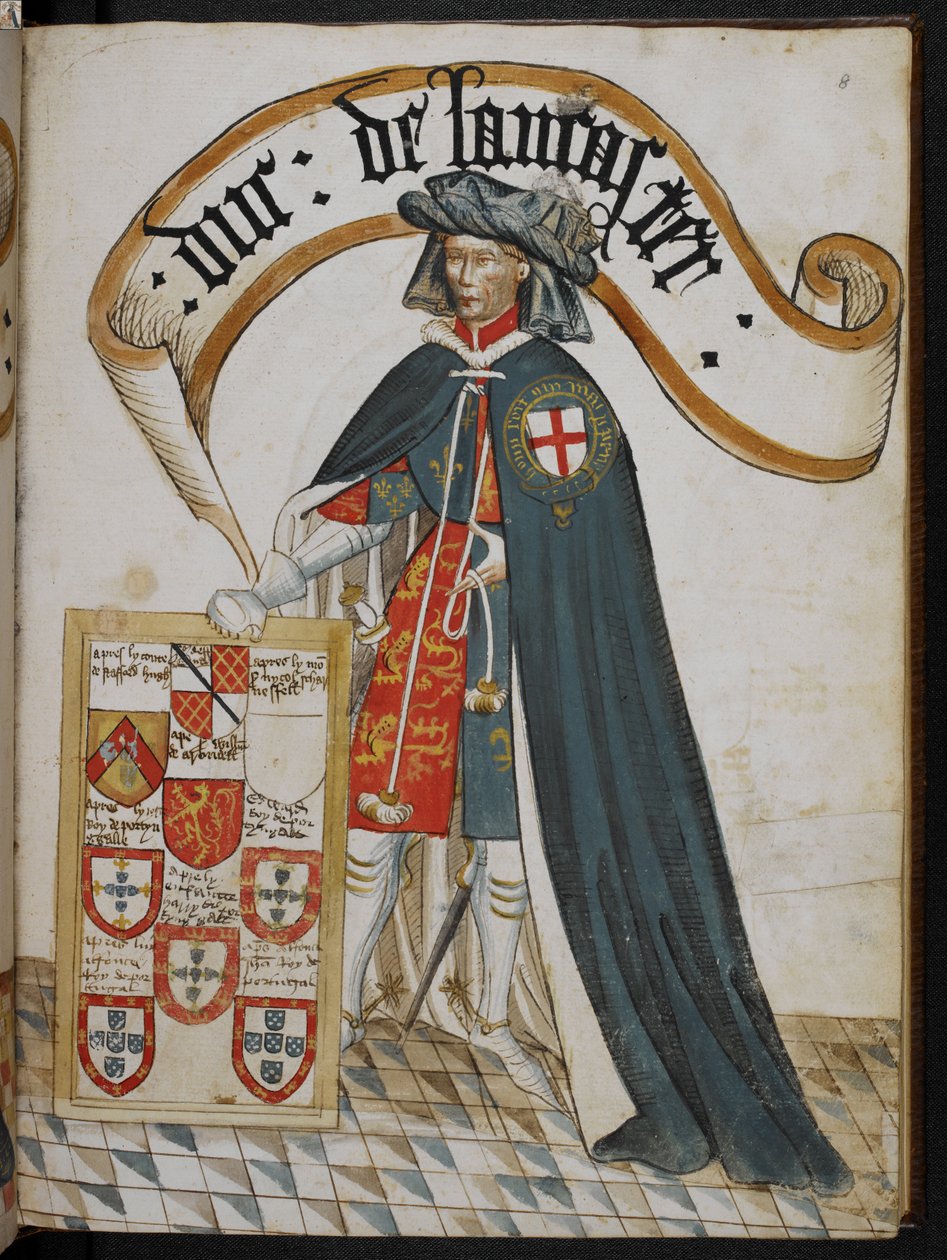 Stowe 594 f.8, Retrato de Enrique, duque de Lancaster, caballero fundador de la Orden de la Jarretera, ilustración de 