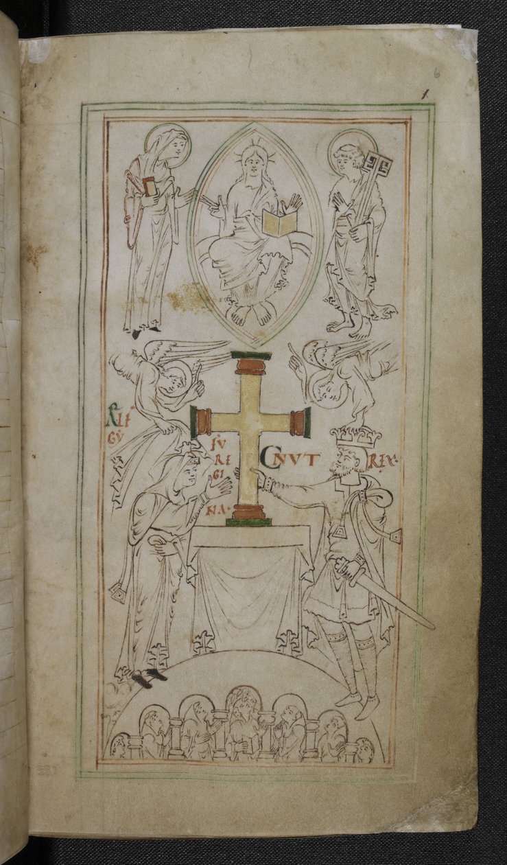 Stowe 944 f.6 El rey Canuto y su reina, Aelfgyfu, presentando una cruz sobre el altar del New Minster, 