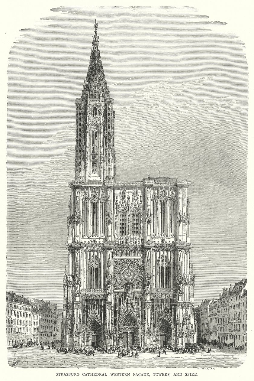 Catedral de Estrasburgo-Fachada occidental, torres y aguja (grabado) de English School