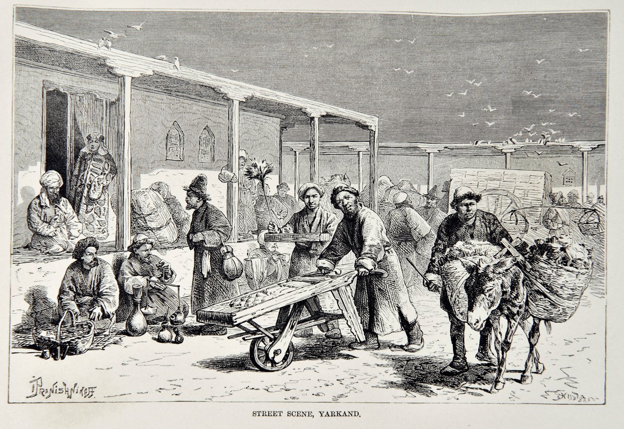 Escena callejera, Yarkand, ilustración de The Universal Geography, the Earth and its inhabitants por Elisee Reclus, publicado 1878 de English School