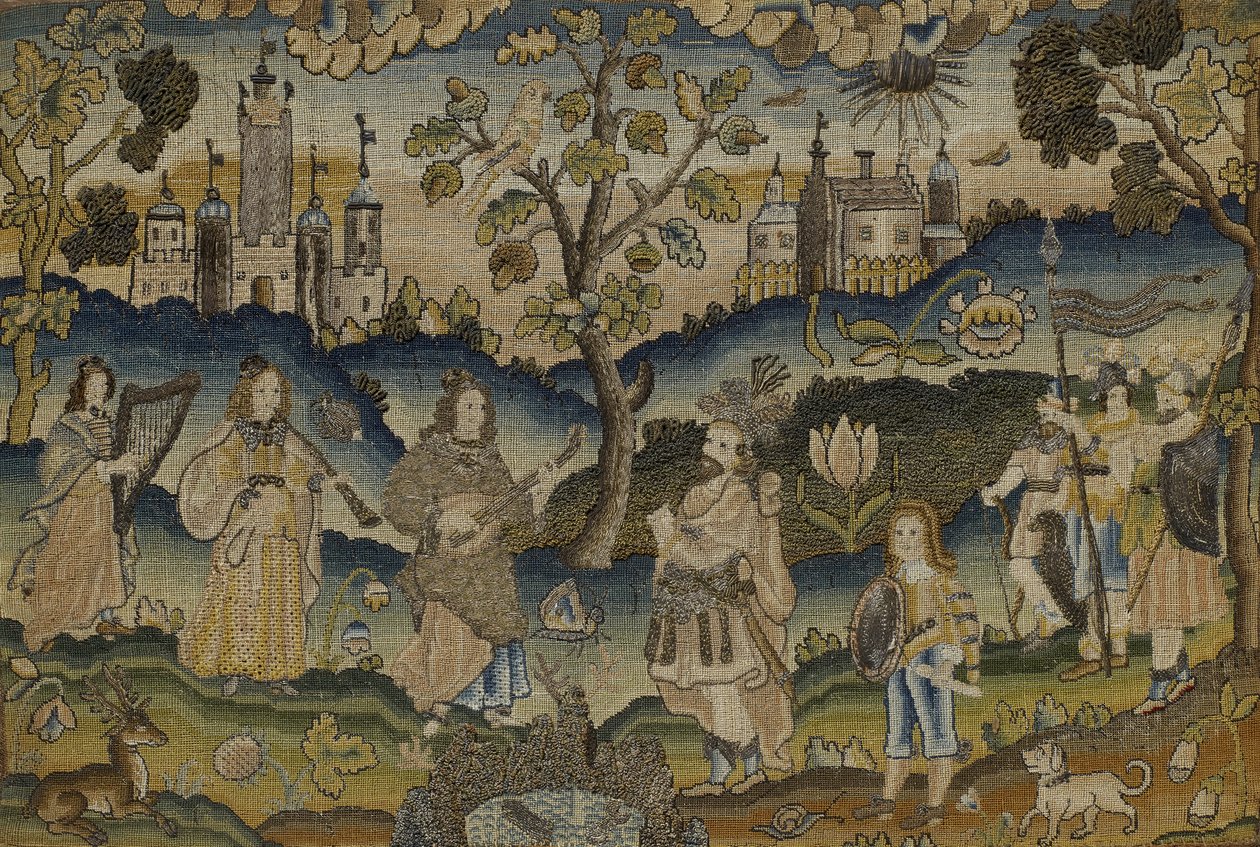 Bordado con escena de cinco músicos en jardín con árbol de English School