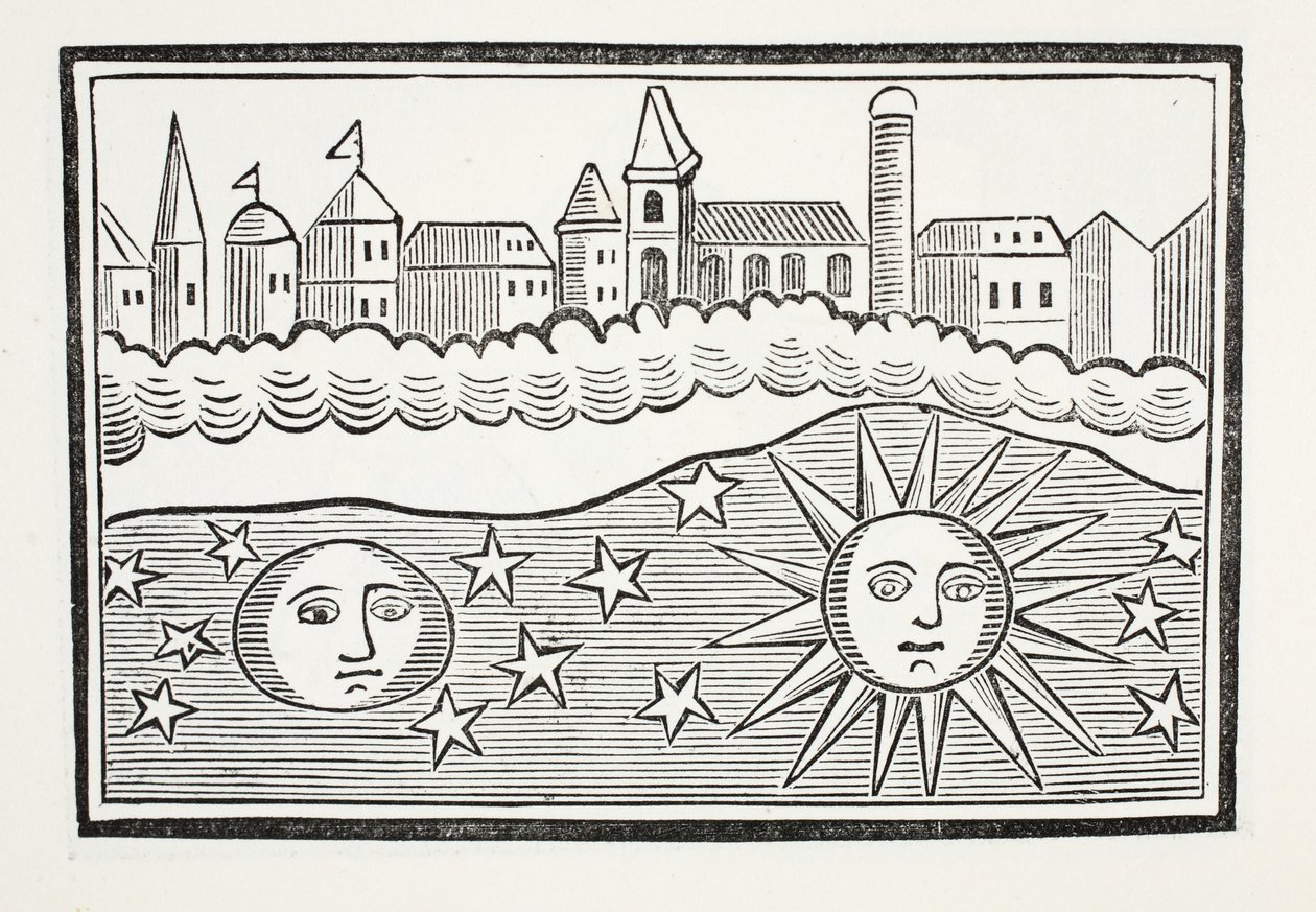 Sol, luna, estrellas y tierra transpuestos, ilustración de Chap-books del Siglo XVIII de John Ashton, pub. 1882 de English School