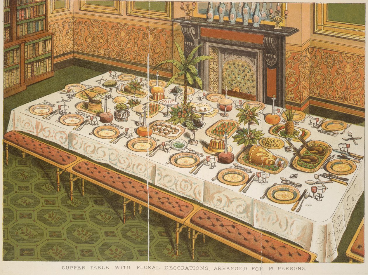 Mesa de cena con adornos florales, dispuesta para 16 personas, del 