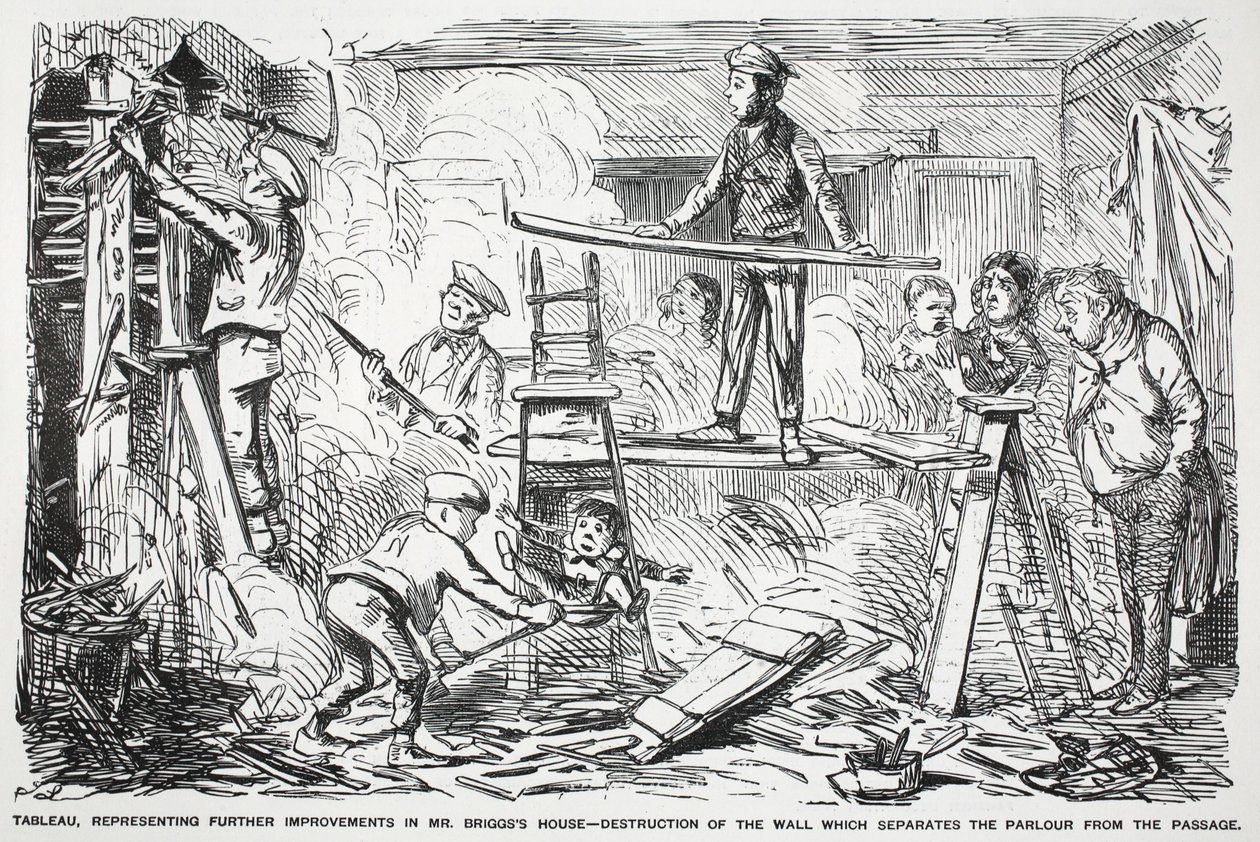 Cuadro, representando más mejoras en la casa del Sr. Briggs - destrucción de la pared que separa el salón del pasillo, ilustración de Punch de English School