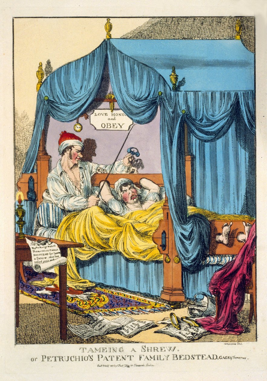 Domando a una Arpía o la Cama Familiar Patentada de Petruchio, Gag & Thumscrews, pub. Londres 1815 de English School